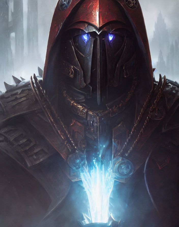 Armored figure with red helmet and glowing blue eyes holding holographic blueprint in misty setting.