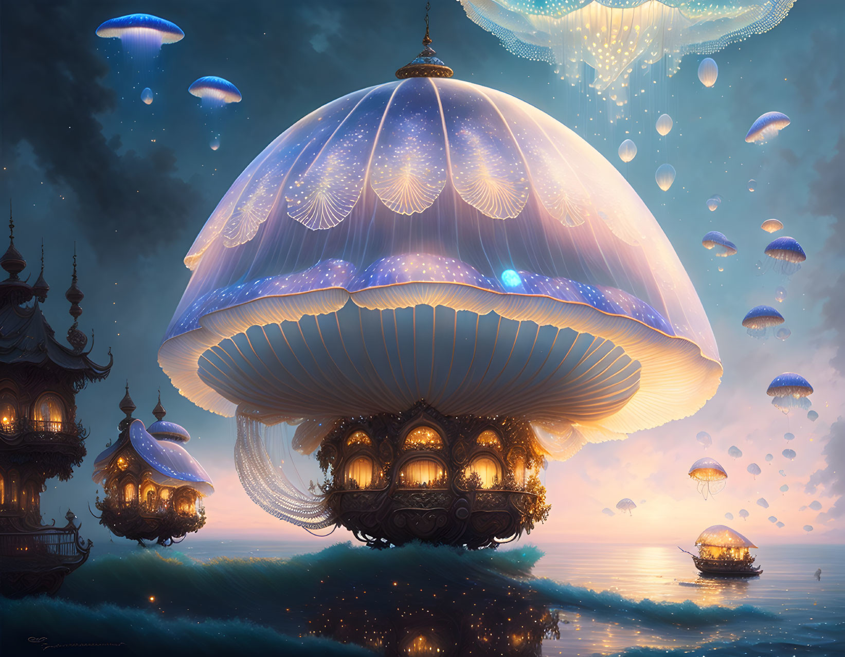 Fantasy twilight scene with glowing jellyfish-like structures above water