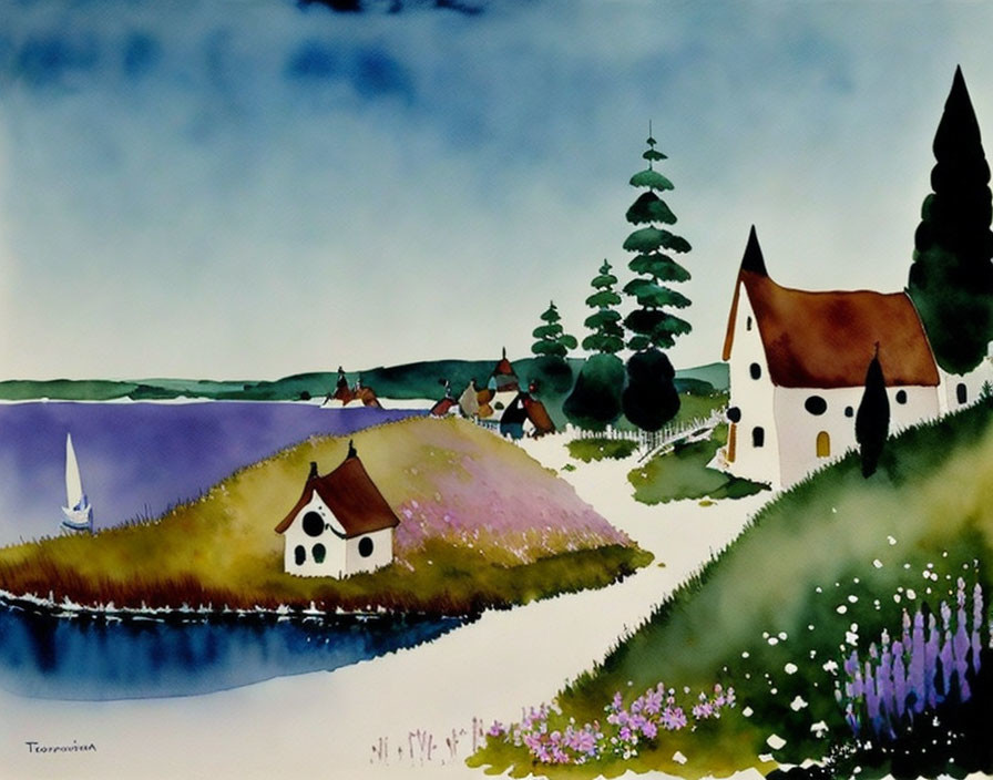 Pastoral watercolor painting with white houses, sailboat, green hills, pine trees, and purple