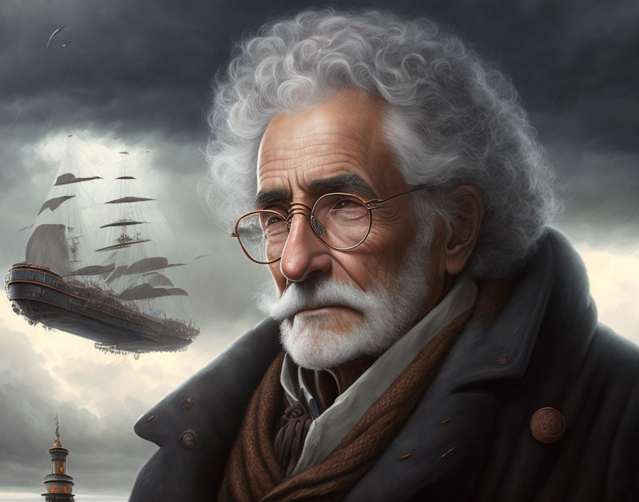 Elderly man with white hair and beard in glasses gazes as ship sails in stormy sky