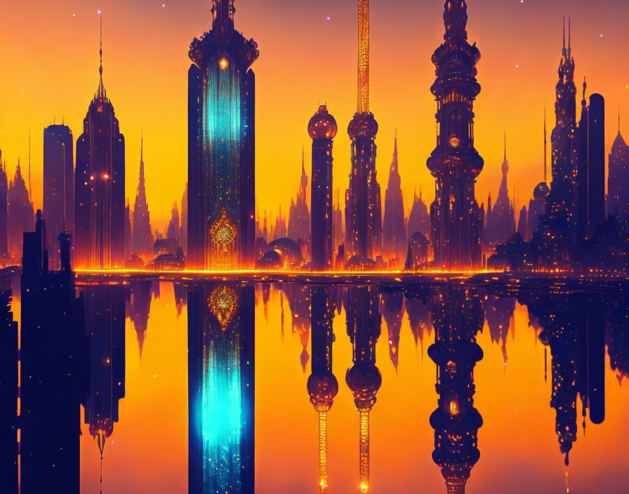 Vivid orange futuristic cityscape at dusk with reflective skyscrapers