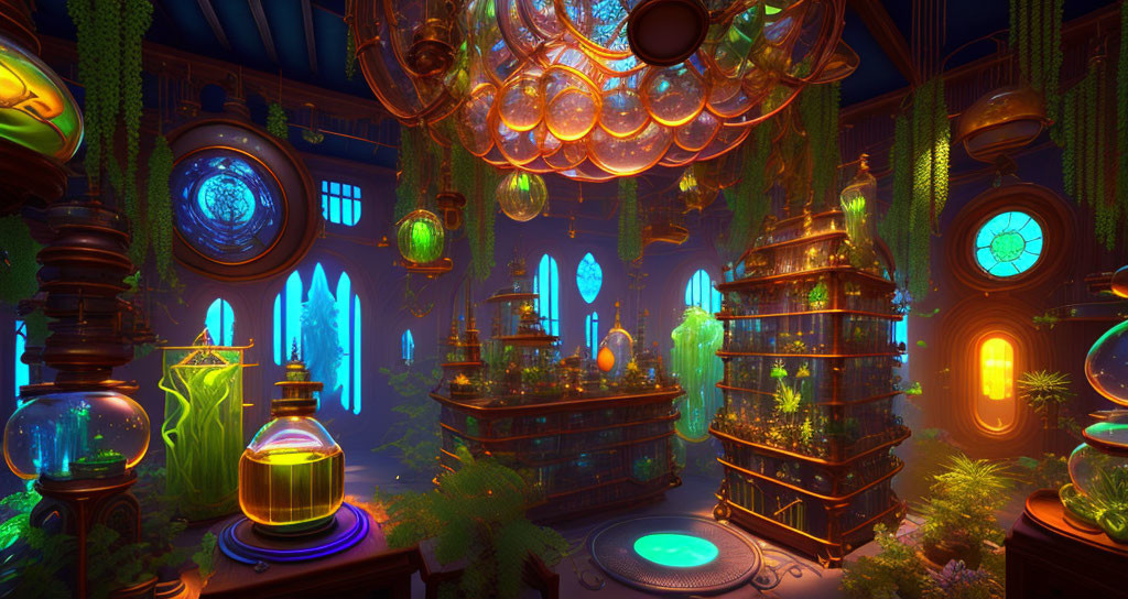 Colorful Fantasy Laboratory with Glowing Crystals and Magical Plants