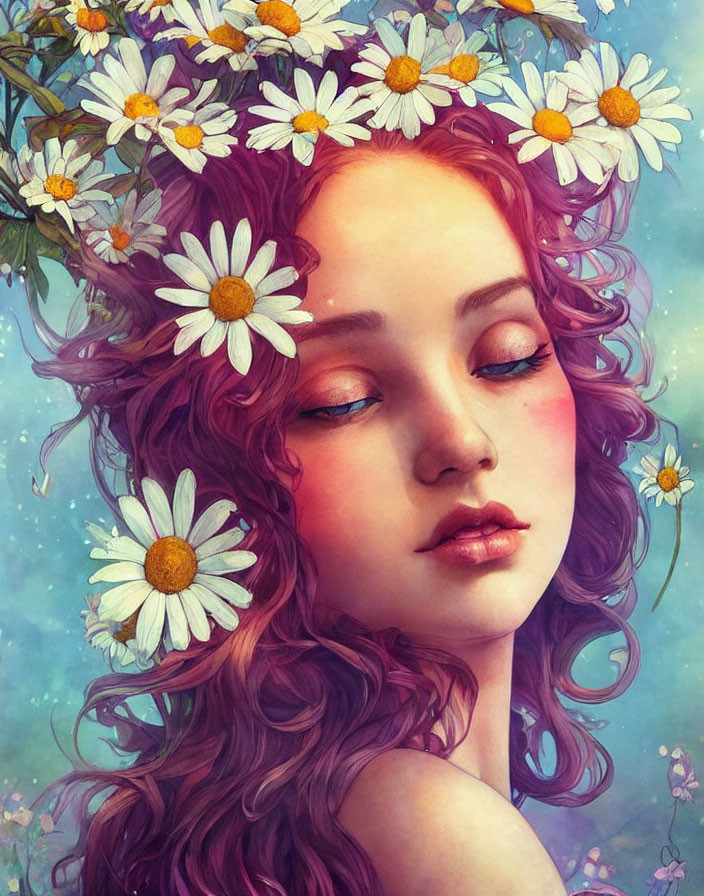 Female with Daisy Crown and Pink Hair in Floral Illustration