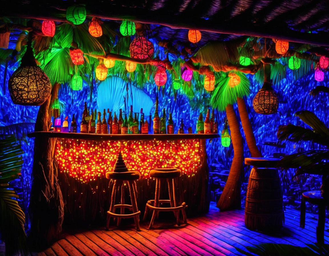 Colorful Tiki Bar with Thatched Roof and Tropical Decor