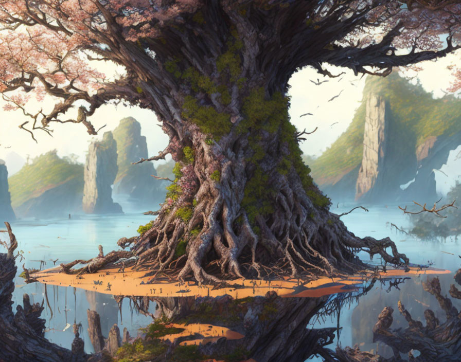 Ancient tree with cherry blossoms by tranquil lake and misty rock formations