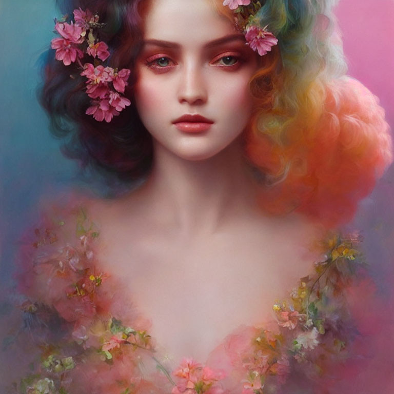 Colorful Woman Portrait with Floral Hair and Garment on Pastel Background