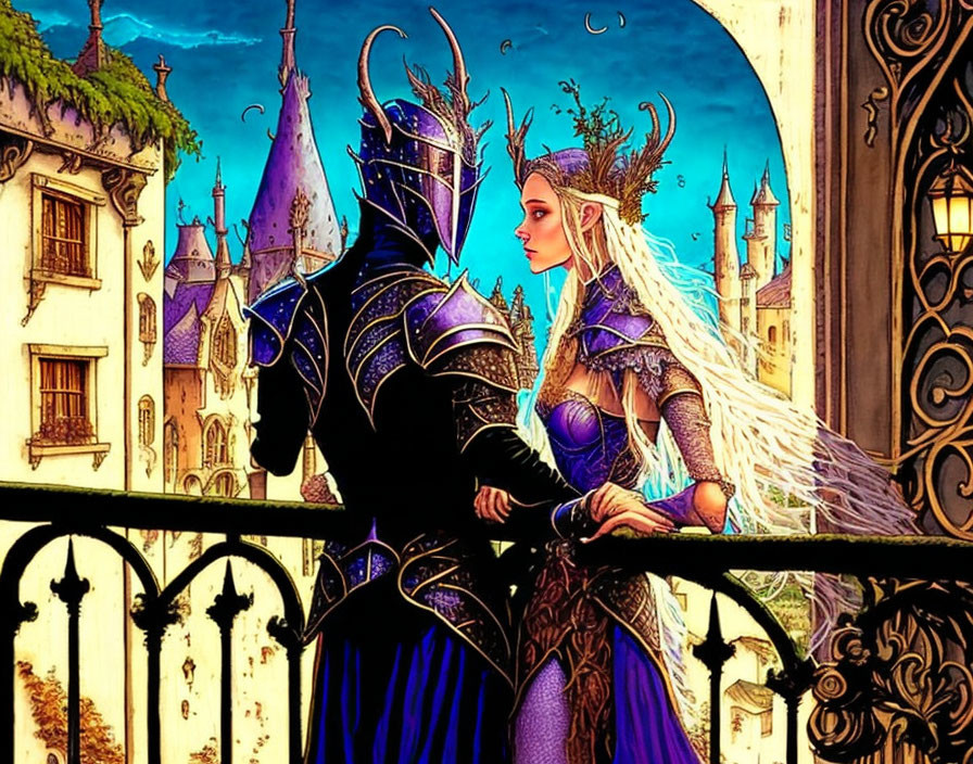 Knight in black armor and white-haired elf queen on balcony with fairy-tale castle at twilight