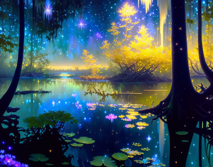 Tranquil forest scene with glowing flowers, trees, and lake under starry night sky