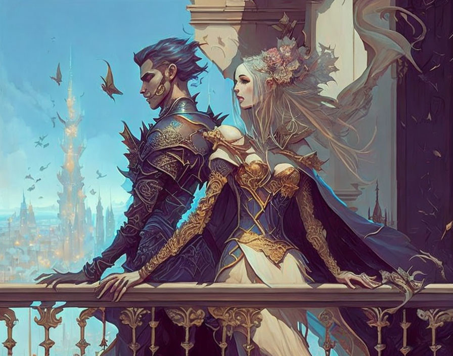 Regal fantasy characters in elaborate attire overlooking distant castle with ethereal bird.