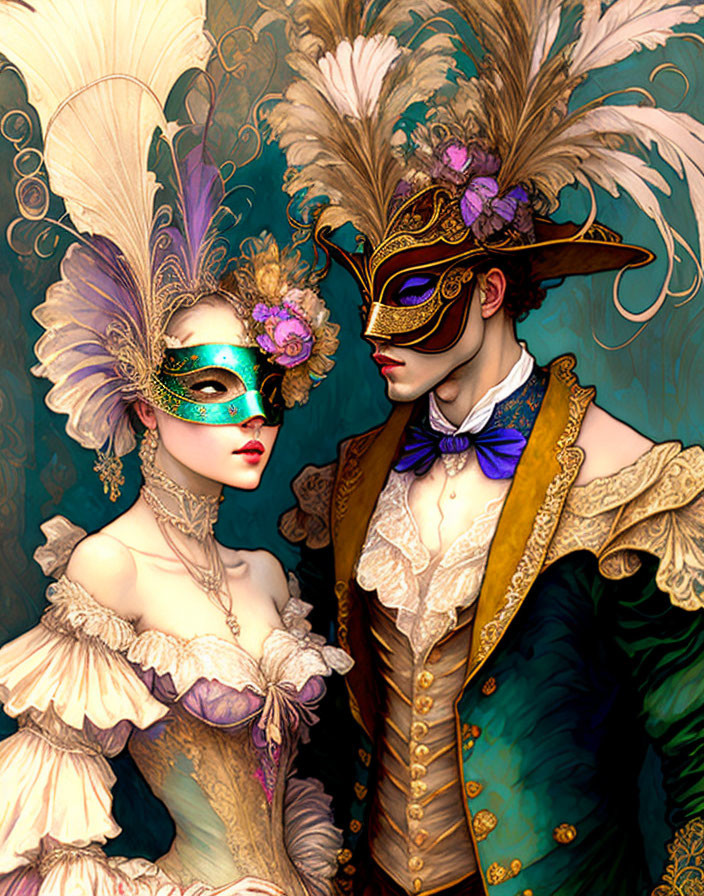 Opulent baroque-style masquerade attire with feathers and masks