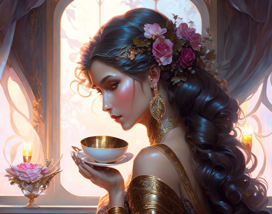 Woman sipping tea with floral hair adornments and jewelry by window in soft lighting