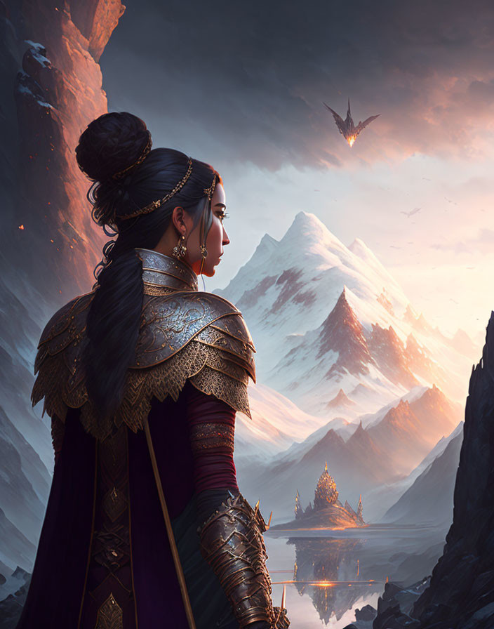 Warrior woman, dragon, mountain, temple, and sunset scene.