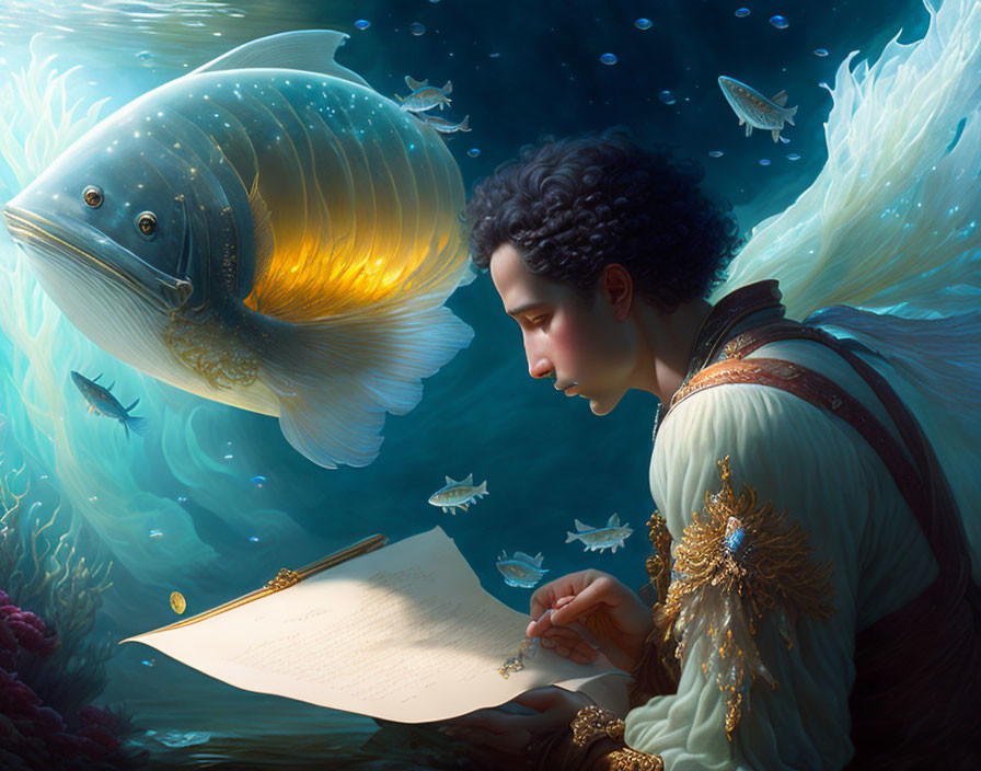 Person with angelic wings writing on parchment underwater with fish and fantastical fish.