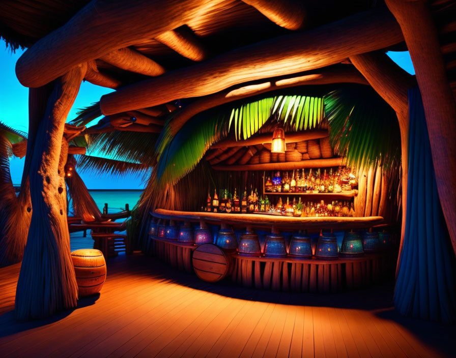 Tropical-themed bar with warm lighting, wooden decor, thatched roof, and ocean view