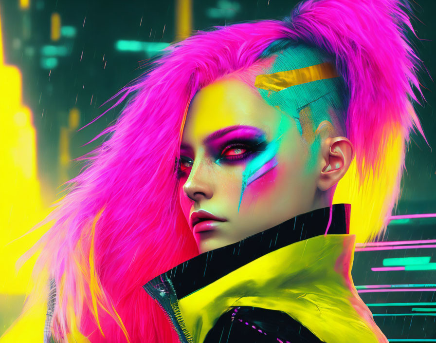 Vibrant pink hair and cyberpunk makeup in neon-lit cityscape