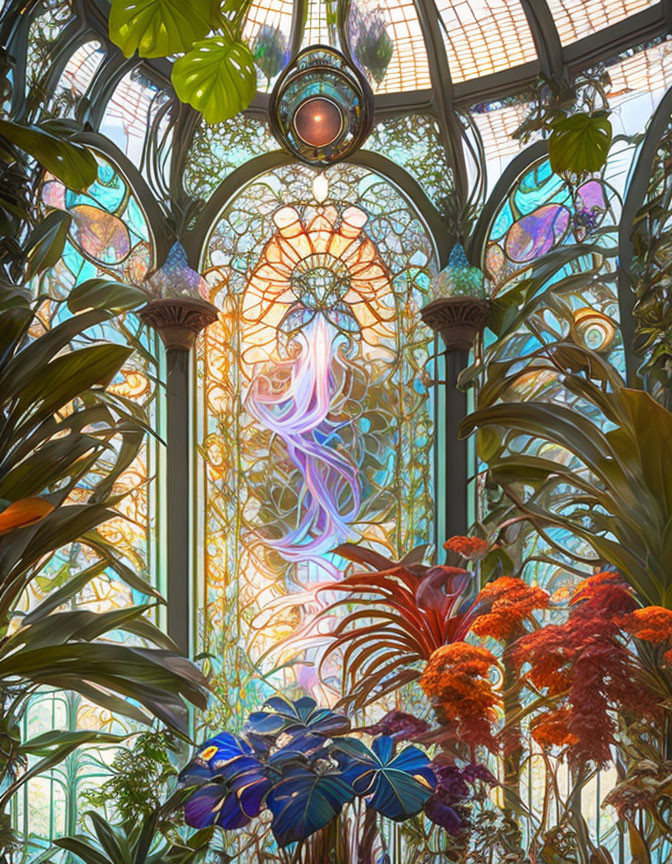 Colorful Stained-Glass Window in Indoor Garden