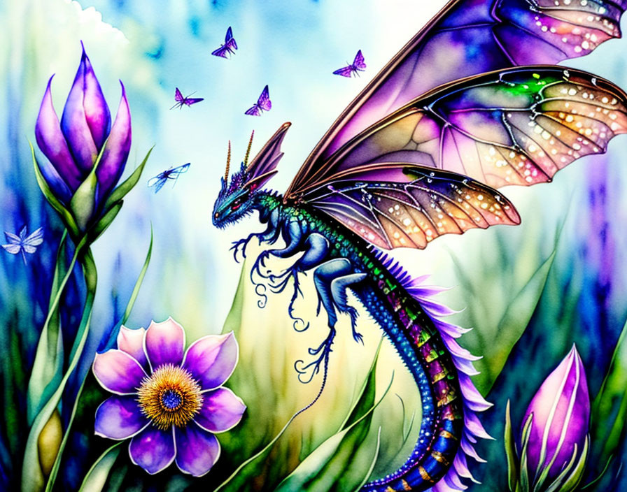 Fantastical dragon with butterfly wings in purple flower scene