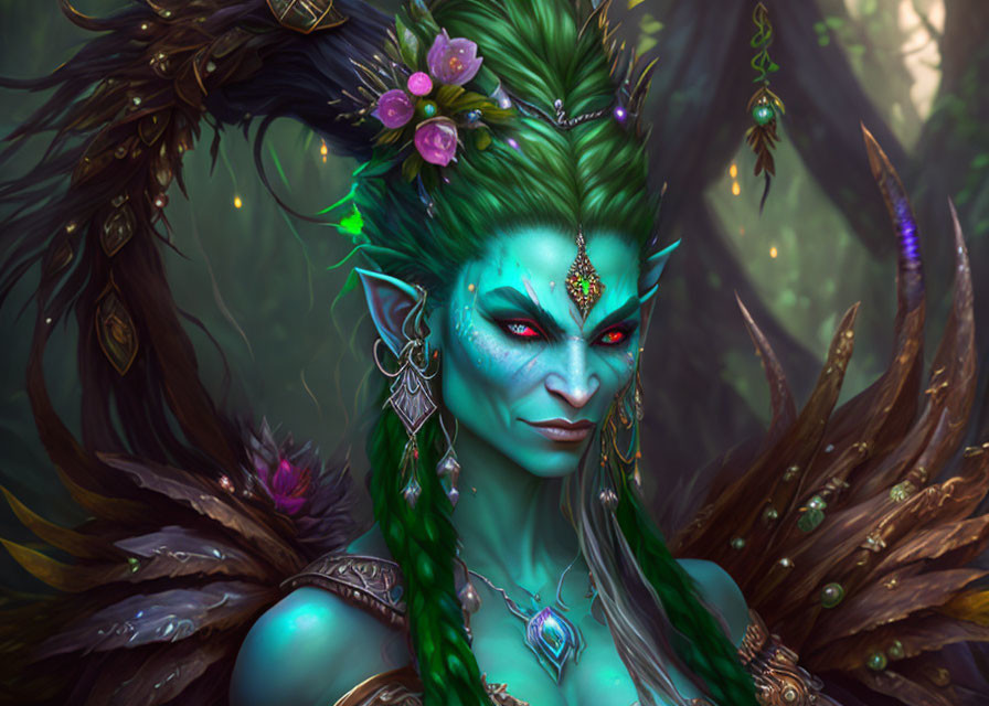 Green-skinned female character with forest-themed attire in mystical forest setting