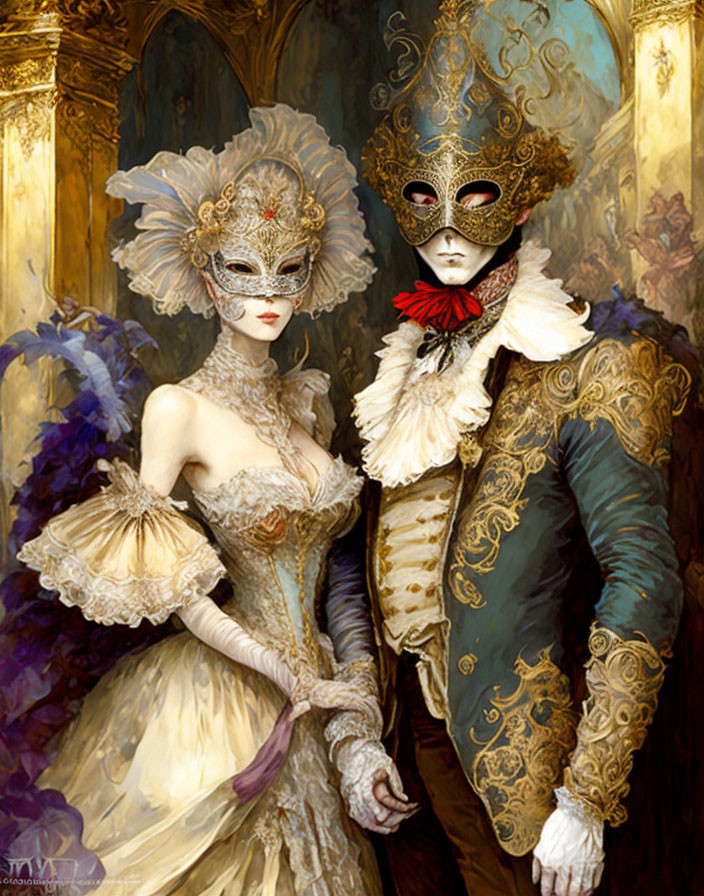 Elaborate Venetian Carnival Costumes with Masks and Golden Background