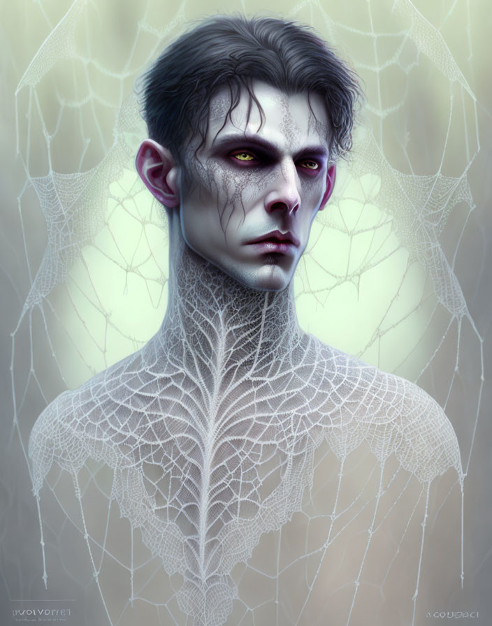 Person with Vampire-Like Features in Web-Like Texture Against Misty Backdrop