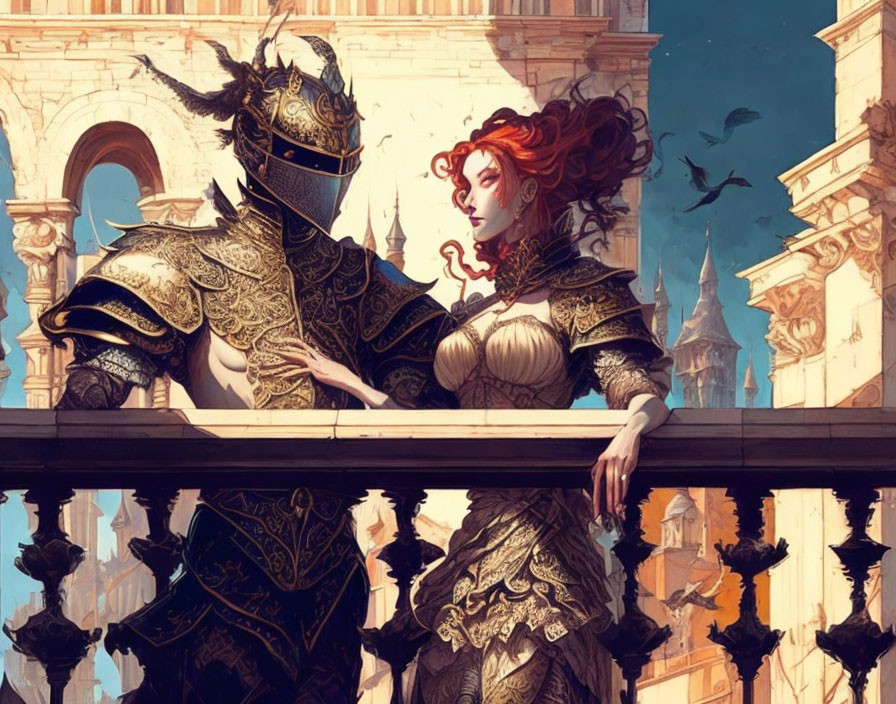 Medieval knight and red-haired woman on balcony with detailed cityscape