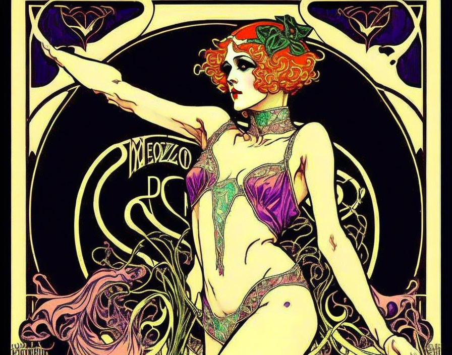 Art Nouveau style image of woman with red hair in purple and green attire