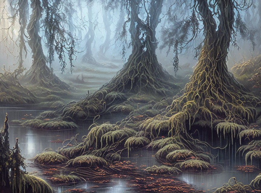 Moss-covered trees in foggy forest by serene waterbody