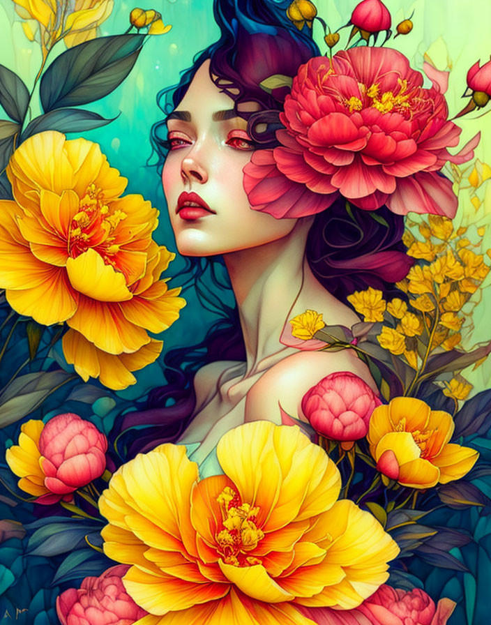 Colorful artwork featuring woman with purple hair and oversized peonies on blue background