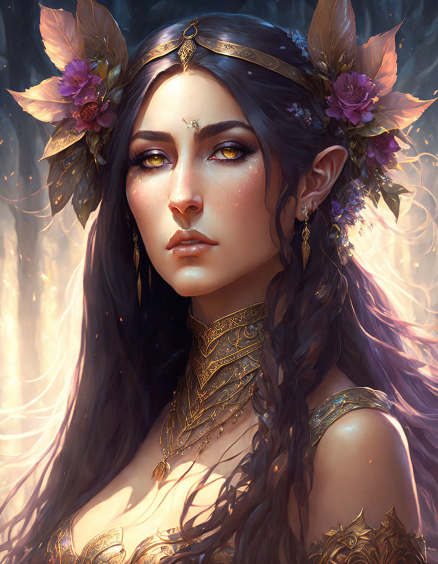 Ethereal female illustration with pointed ears and golden eyes in intricate gold jewelry, adorned with purple flowers