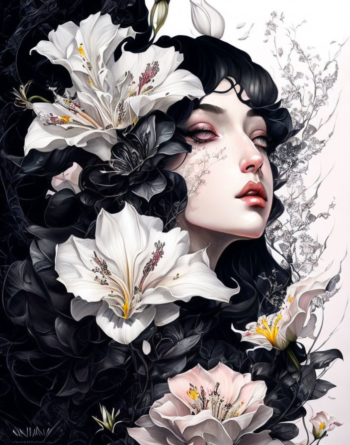 Portrait of woman with pale skin, dark hair, red eyes, and intricate floral backdrop