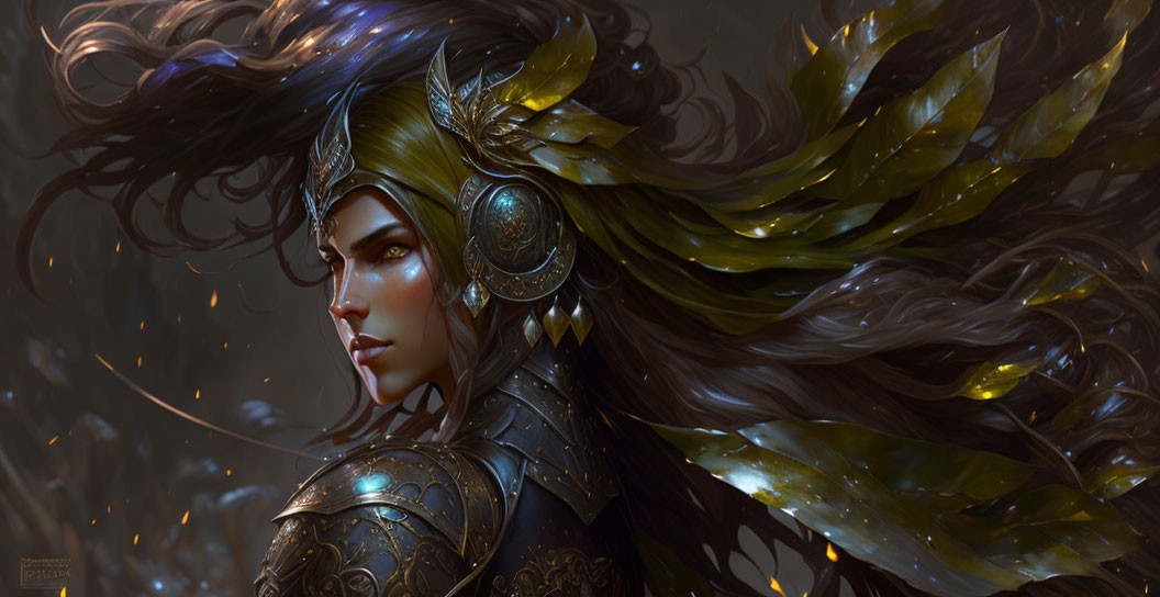 Illustrated female warrior in golden armor with dark hair against moody backdrop