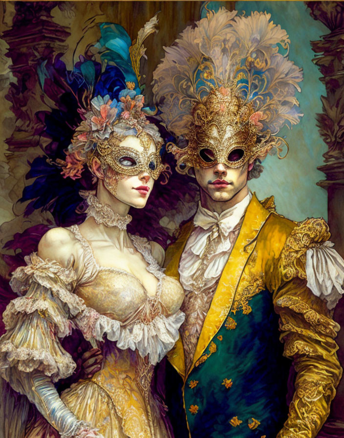 Elaborate Venetian Carnival Attire with Ornate Masks and Period Clothing