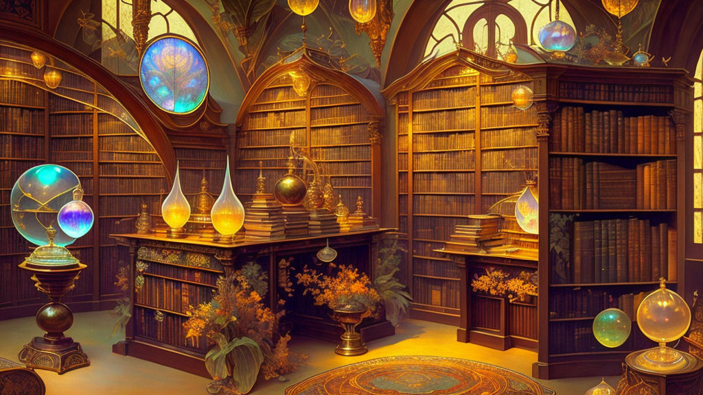 Fantastical library with wood bookcases and celestial stained-glass windows