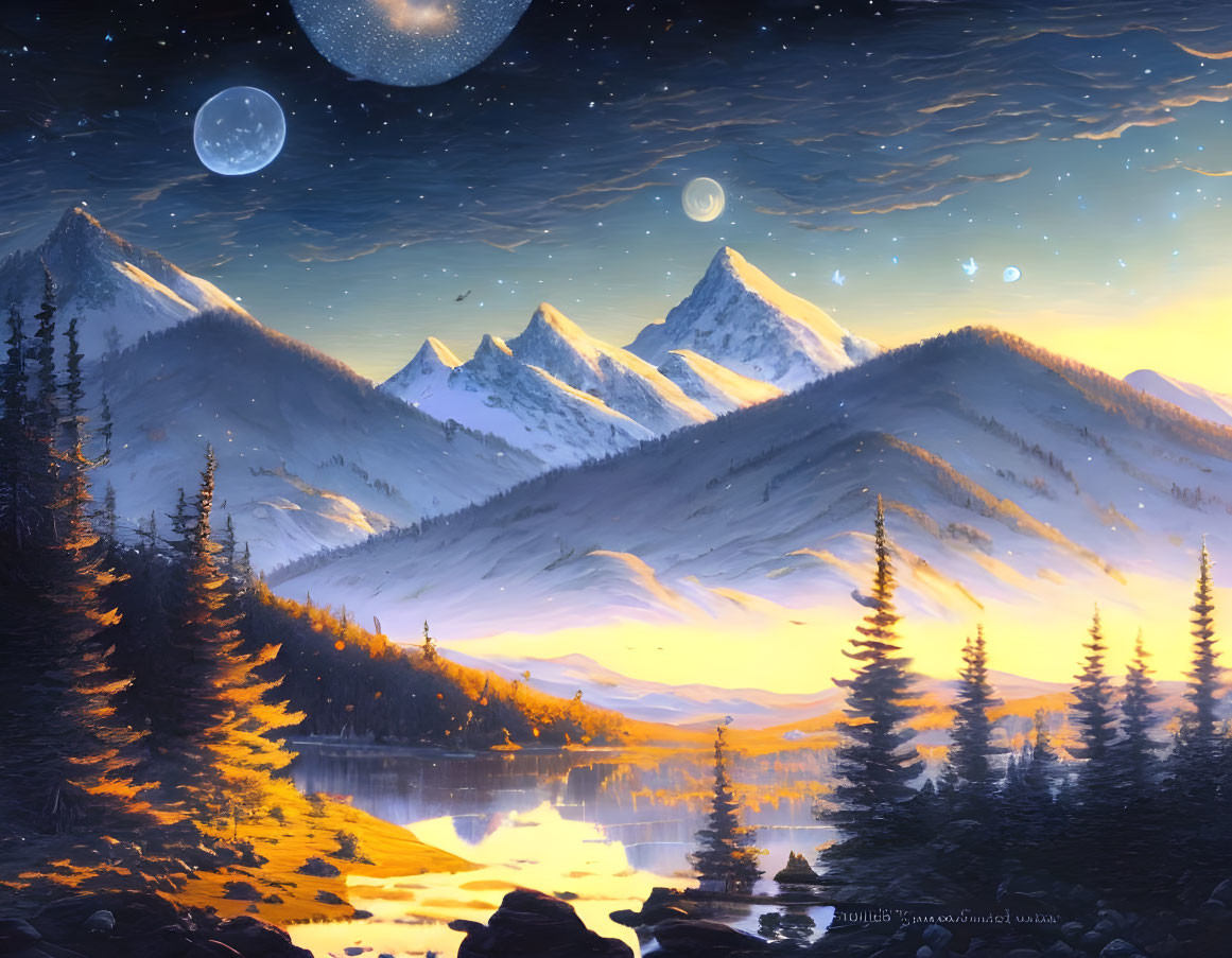 Snow-capped peaks and moonlit sky in tranquil mountain landscape