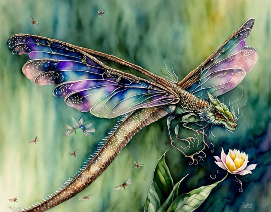 Detailed mythical dragonfly with vibrant starry wings above a white water lily