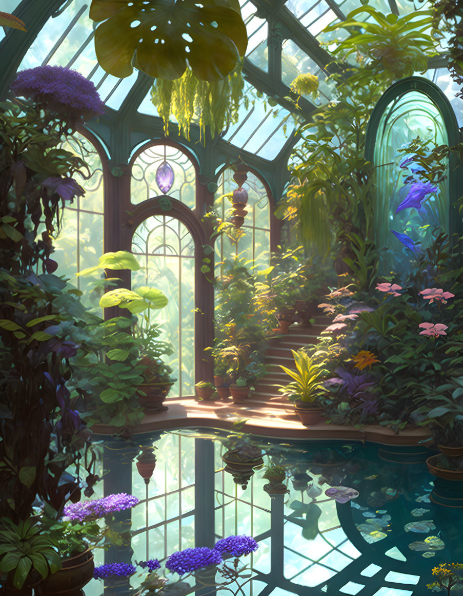 Tranquil greenhouse with lush plants, colorful flowers, hanging pots, and a serene pond