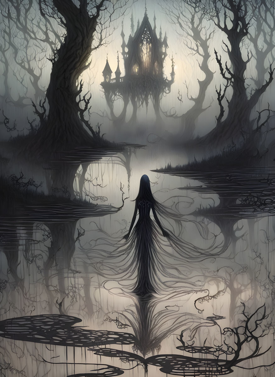 Mysterious cloaked figure at misty Gothic castle with twisted trees