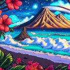 Tropical beach at night with hibiscus flowers, crashing waves, mountains under starry sky