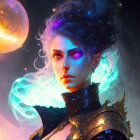 Digital art: Woman with cosmic hair and orange planet background