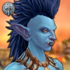 Blue-skinned fantasy character with golden jewelry and floral hair accessories on golden background