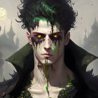 Male figure with green skin and glowing red eyes in gothic setting