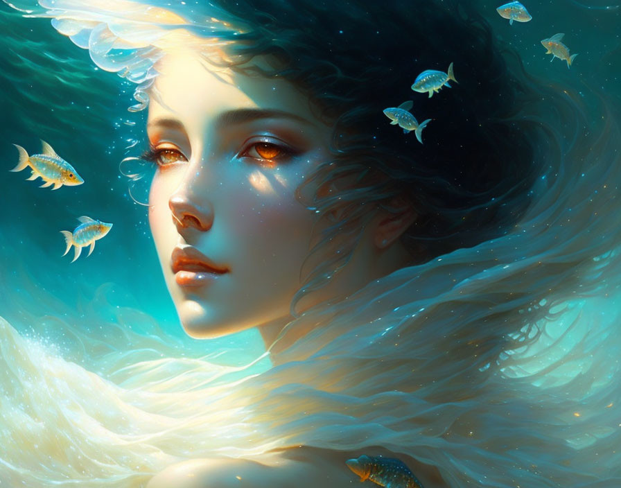 Woman submerged in water surrounded by fish with flowing hair and ethereal glow