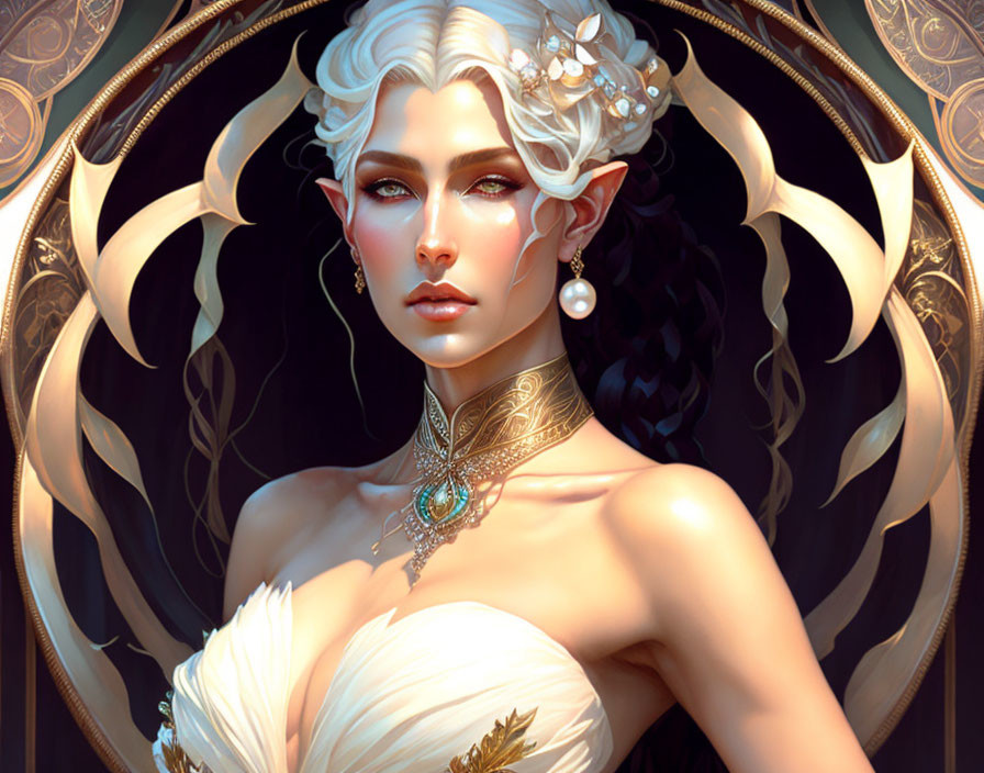 Fantasy character with white hair, gold tattoos, pearl earring, white dress, ornate circular