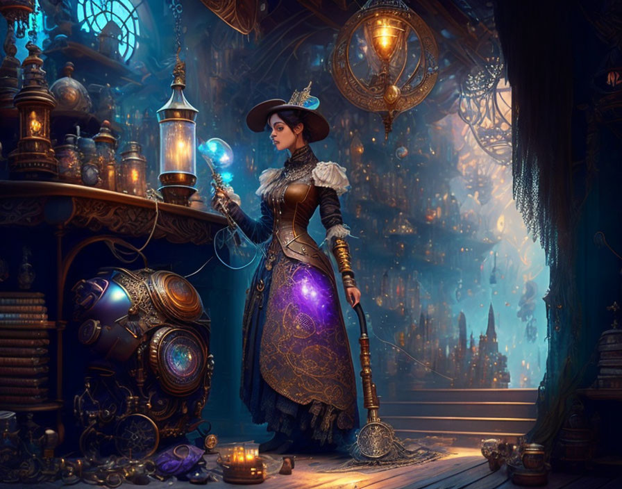 Steampunk sorceress with glowing orb in mystical workshop