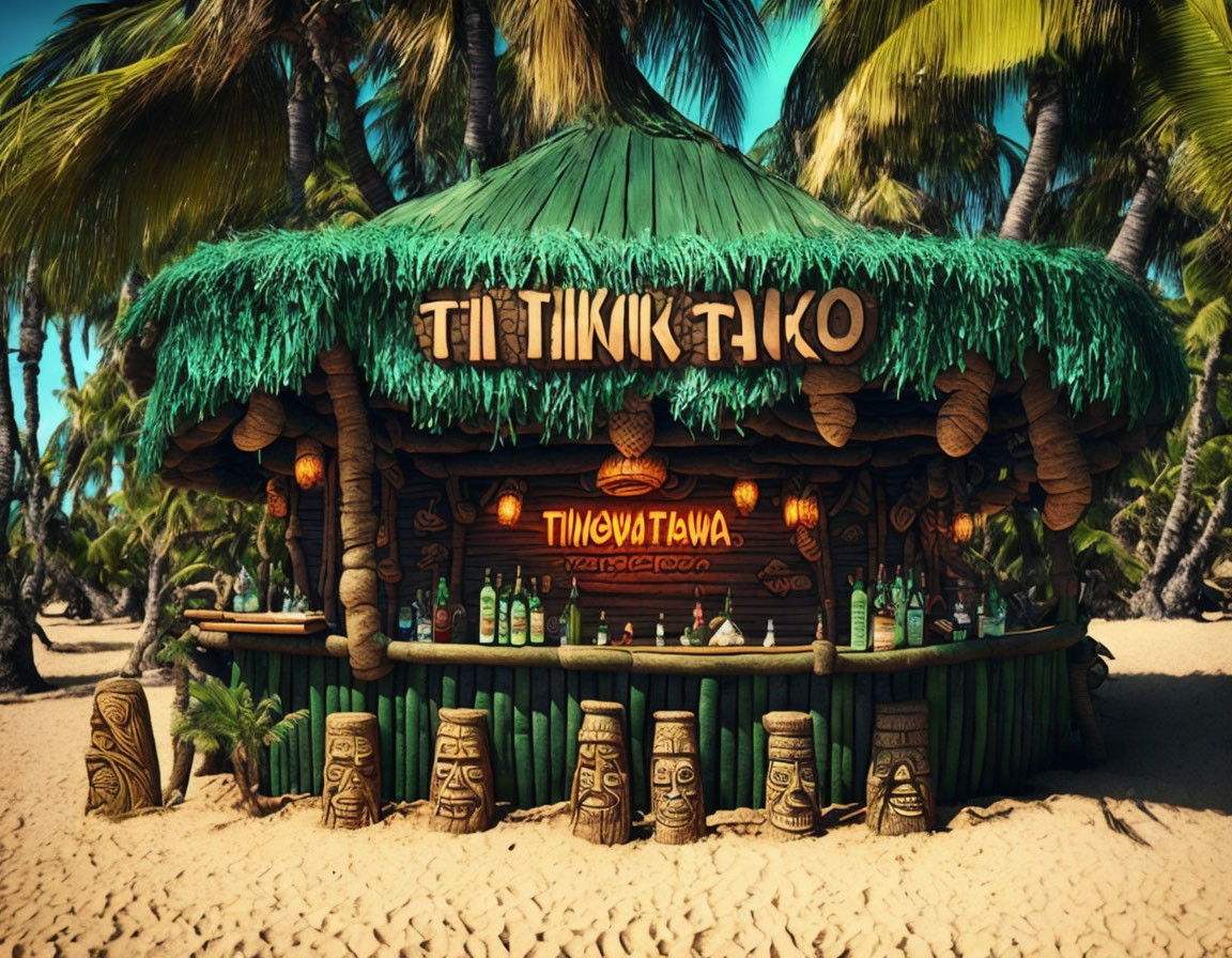 Tropical tiki bar with thatched roof and wooden totem decorations