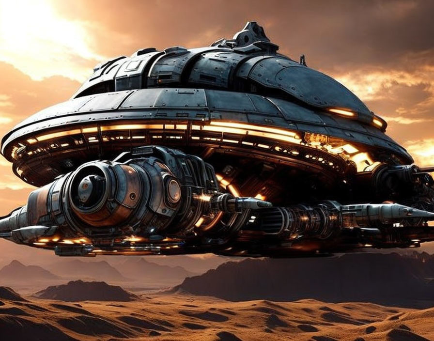 Detailed spaceship hovers over barren rocky landscape with orange sky