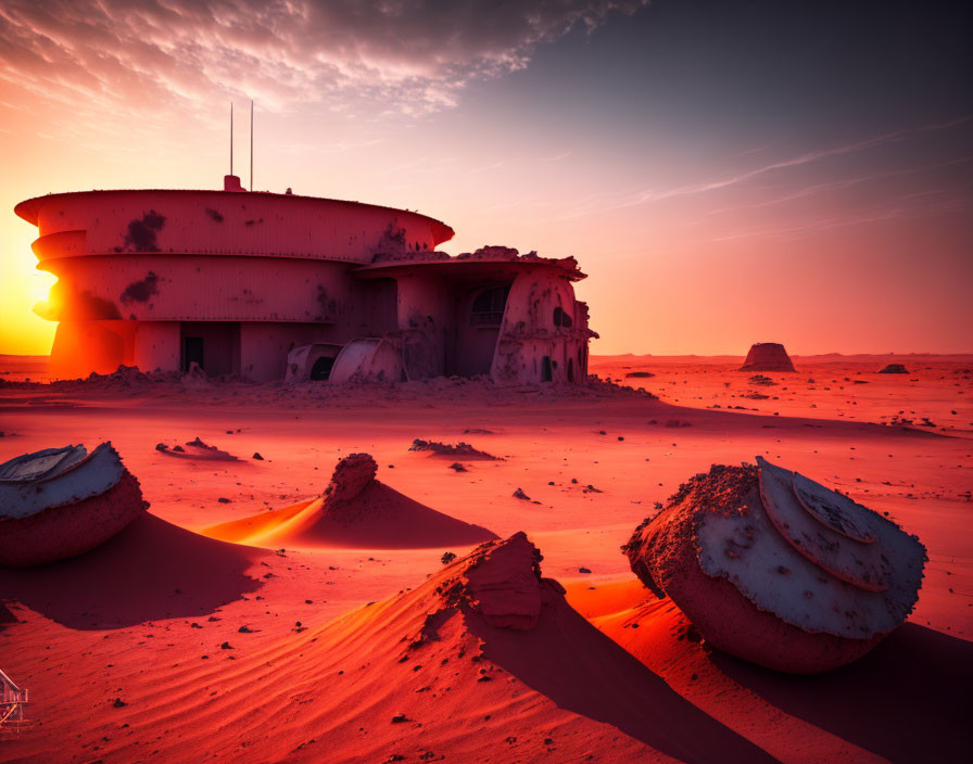 Desert sunset illuminates abandoned sand-covered structure.