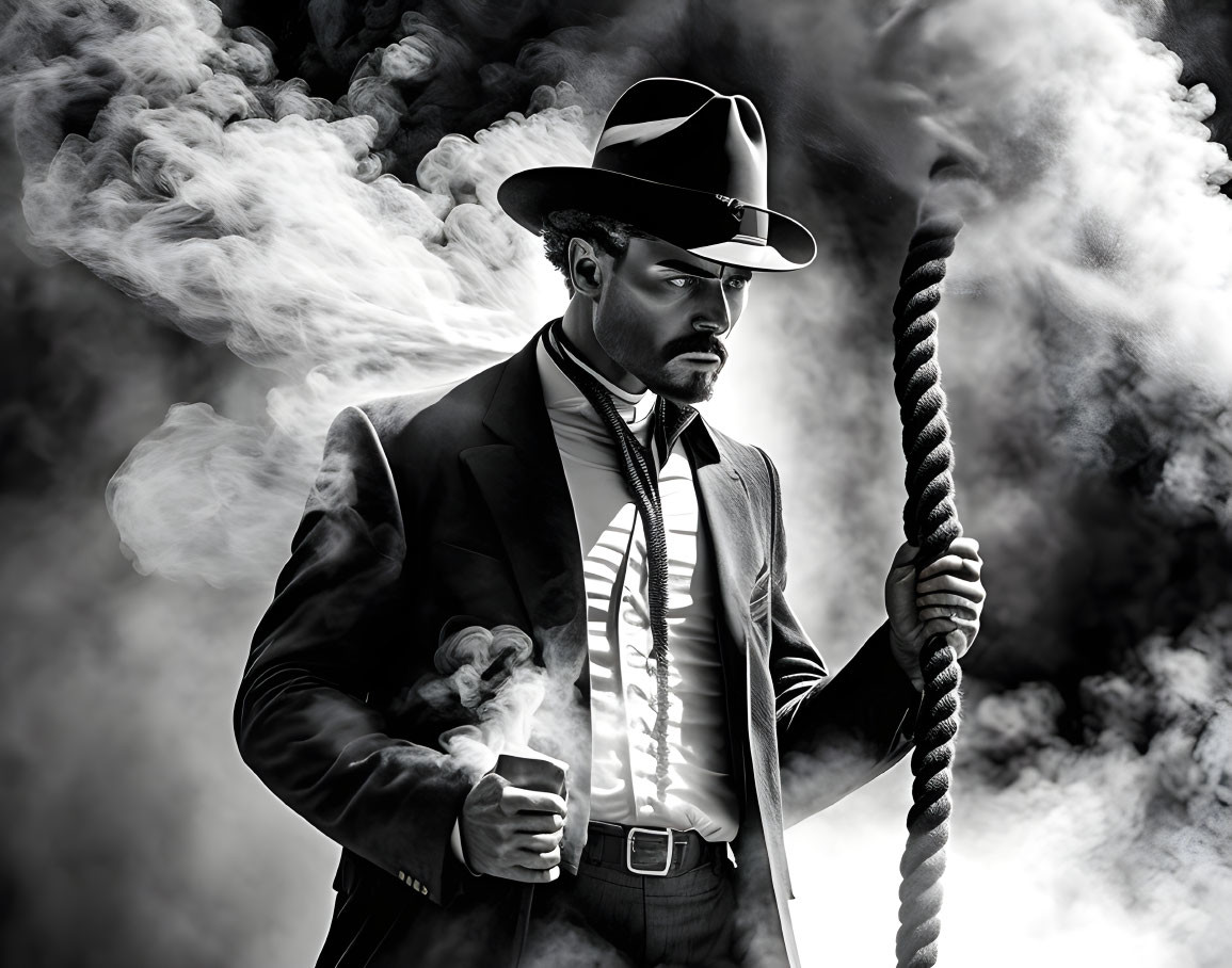 Monochrome image: Man in fedora with rope in dramatic smoke