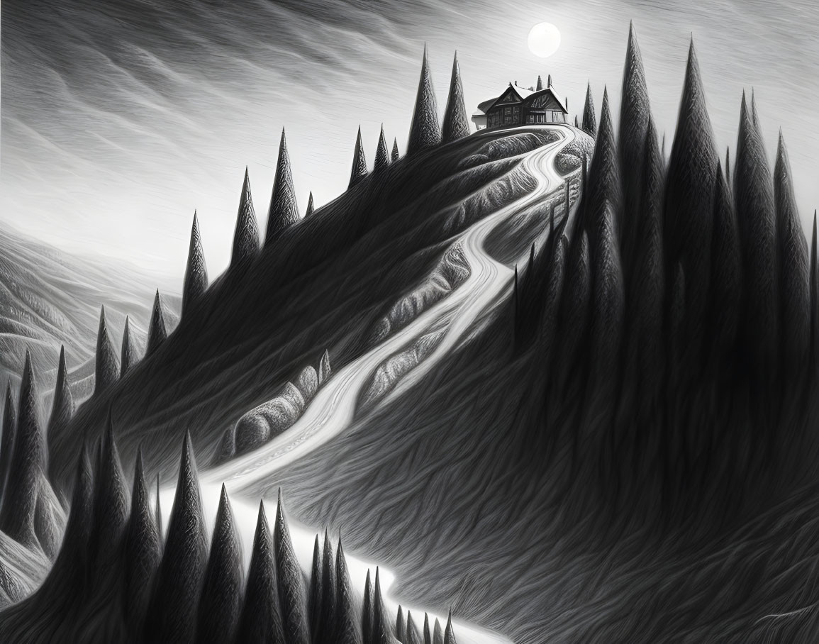 Monochrome illustration of winding road to solitary house on hilltop