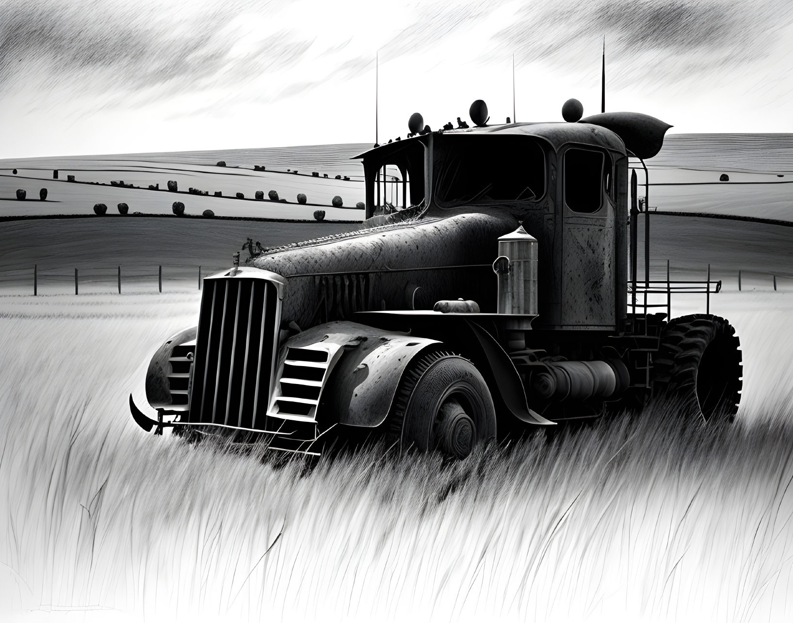 Monochrome vintage truck in field with rolling hills